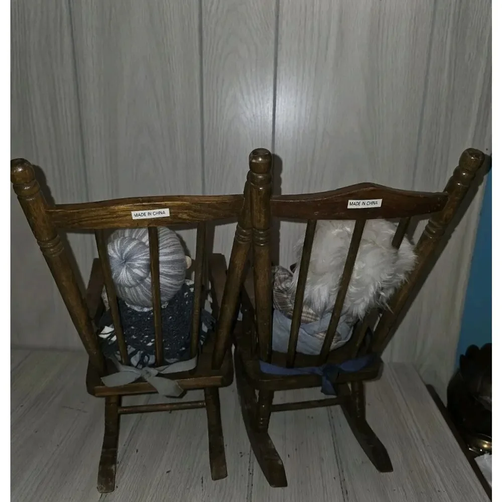 Vintage German Oma And Opa Grandma Grandpa Handmade Dolls In Rocking Chairs Read